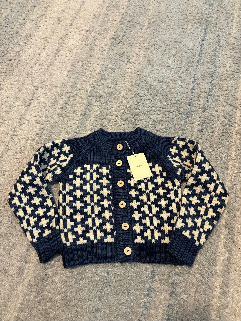 NWT Mabo 100% Superwash Wool Cardigan Sweater Navy Blue Geometric Knit Size 4/5
